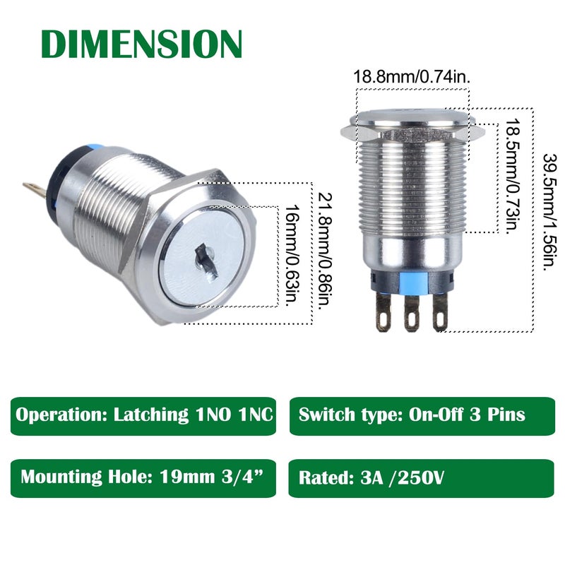 DMWD 19mm ON Off Metal Latching Key Lock Switch 3Pin 1NO 1NC Lock Maintained Key Switch - Image 2